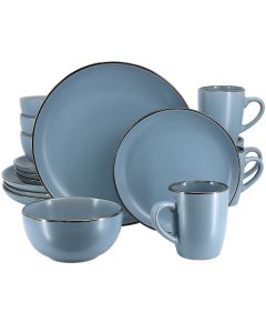 Gibson Home Rockaway 16 Piece Stoneware Metallic Rim Dinnerware Set in Matte Blue