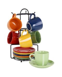 Gibson Home Color Cafe 13 Piece Espresso Mug and Saucer Set with Metal Rack in Assorted Colors